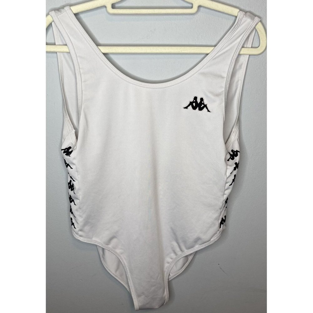 Kappa Bodysuit Women’s Medium White Black Top Low Back Sleeveless Shirt